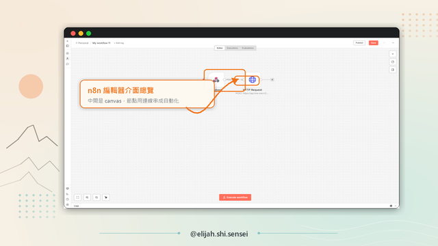 n8n 編輯器介面總覽：中間是工作流 canvas，節點用連線串成自動化流程
