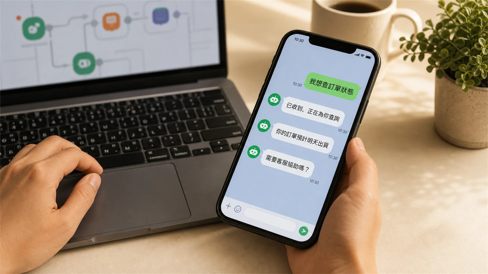 手機上的 LINE 對話，Bot 回覆訂單查詢，背景是筆電上的流程圖