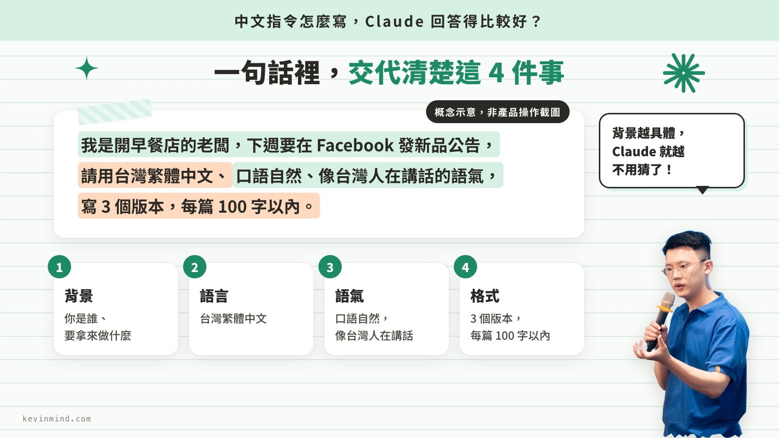 早餐店老闆的中文指令範例示意,看背景、語言、語氣、格式怎麼寫