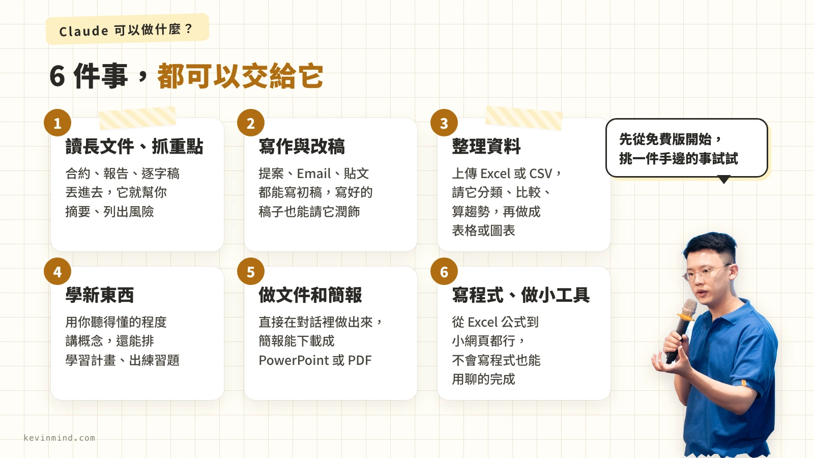Claude 的 6 種常見用途卡片，看每一種可以幫你做什麼事